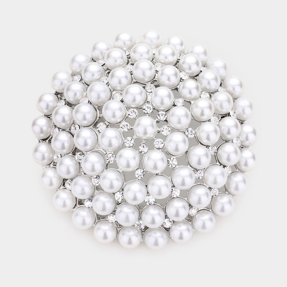 Silver White Pearl Brooch Crystal Pin 3 Inch Circle Rhinestones Bling Accessory